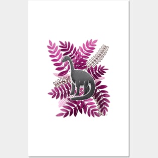 Dinosaur & Leaves - Pink Posters and Art